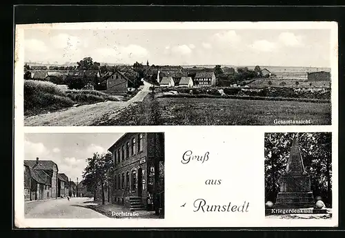 AK Runstedt, Kriegerdenkmal, Dorfstrasse, Gesamtansicht aus der Vogelschau