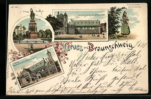 Lithographie Braunschweig, Siegesdenkmal, Burg Dankwarderode, Schöppenstedter Bauernmädchen
