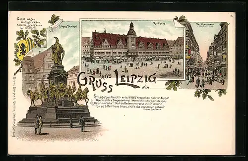 Lithographie Leipzig, Sieges Denkmal, Rathaus, Die Petersstrasse während der Messe