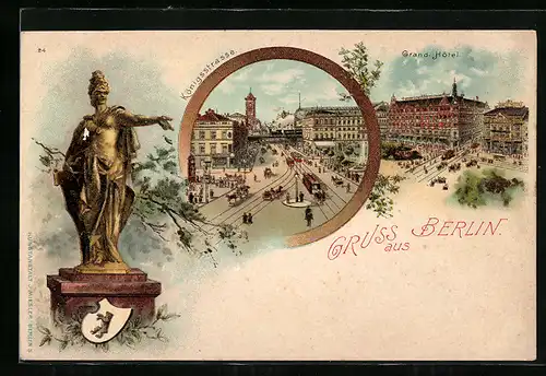 Lithographie Berlin, Königstrasse mit Pferdebahn, Grand-Hotel, Wappen mit Berliner Bär, Statue