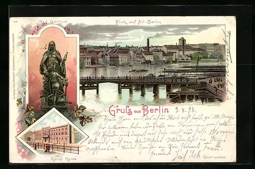 Lithographie Berlin, Königl. Münze, Denkmal, Stadtzentrum