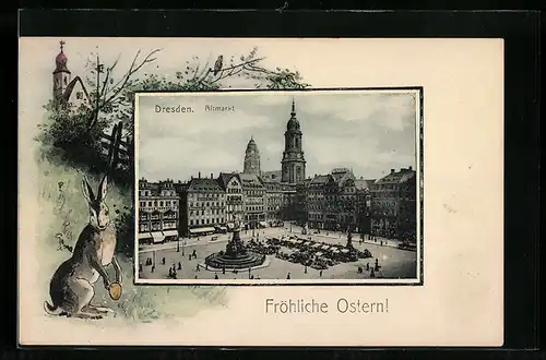Künstler-AK Dresden, Osterhase mit Ei, Altmarkt, Ostergruss