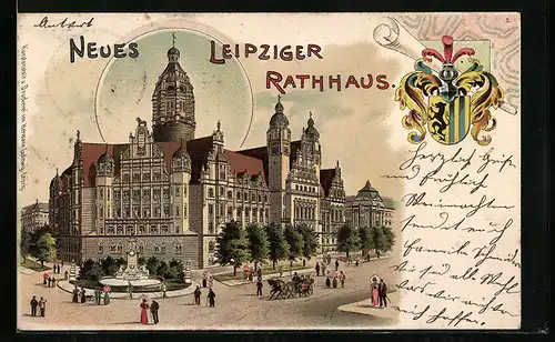 Lithographie Leipzig, Rathaus und Wappen