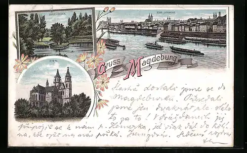 Lithographie Magdeburg, Dom, Inselteich, Elbansicht, Lastkahn