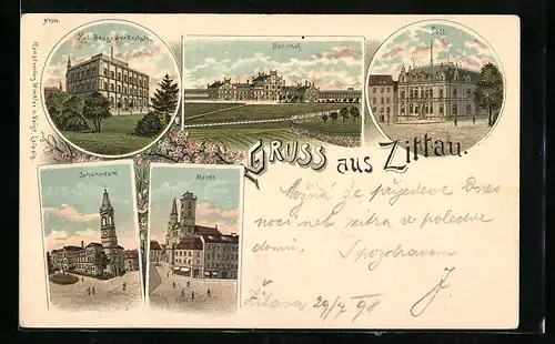 Lithographie Zittau, Johanneum, Markt, Bauwerkschule, Bahnhof, Post