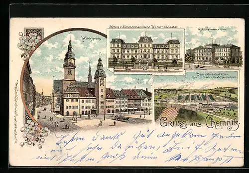 Lithographie Chemnitz, Marktplatz, Kgl. Gymnasium, Stiftung v. Zimmermann`sche Naturheilanstalt