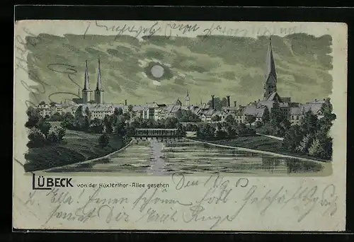 Mondschein-Lithographie Lübeck, Ortsansicht von der Hüxterthor-Allee gesehen