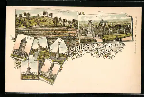 Lithographie Saarbrücken-Ehrenthal, Winterberg Denkmal, Germania Denkmal, Feldpartie mit Blick zum Spichererberg