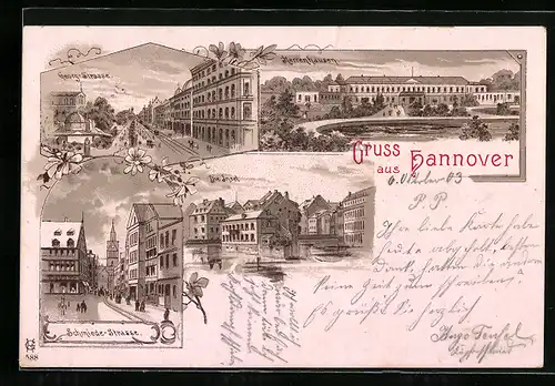 Lithographie Hannover, Georg-Strasse, Schmiede-Strasse, Insel, Herrenhausen