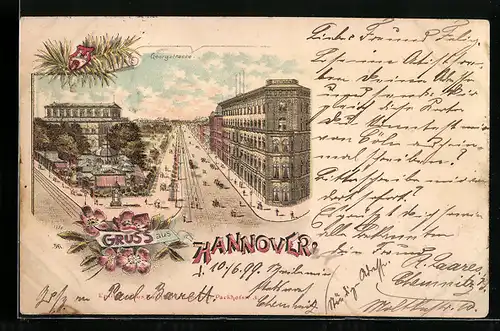 Lithographie Hannover, Hotel Continental, Georgstrasse mit Strassenbahn