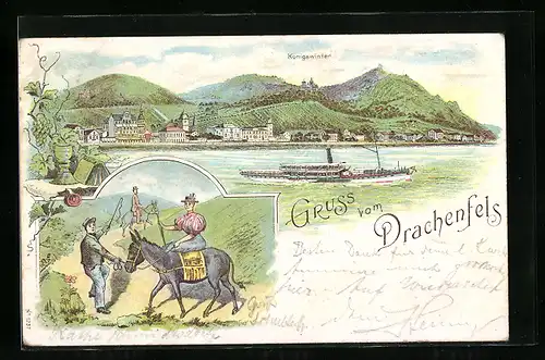 Lithographie Königswinter, Drachenfels, Frau auf Maultier