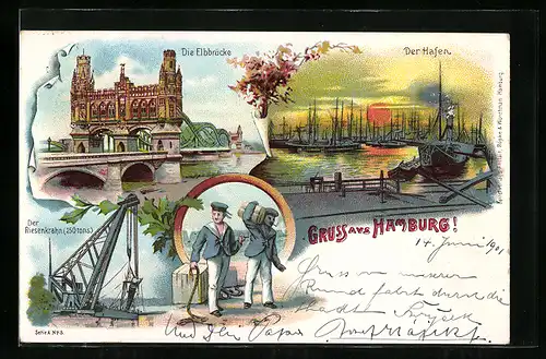 Lithographie Hamburg, Elbbrücke, Hafen bei Sonnenuntergang, Riesenkran