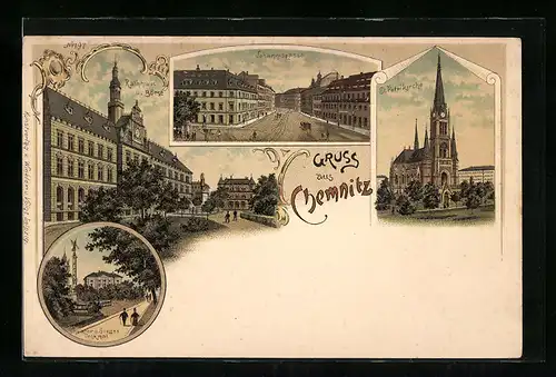 Lithographie Chemnitz, Johannisplatz, St. Petrikirche und Theater u. Siegesdenkmal