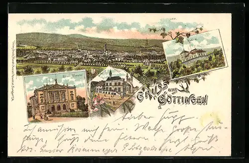 Lithographie Göttingen, Totalansicht, Blick zum Stadt-Theater