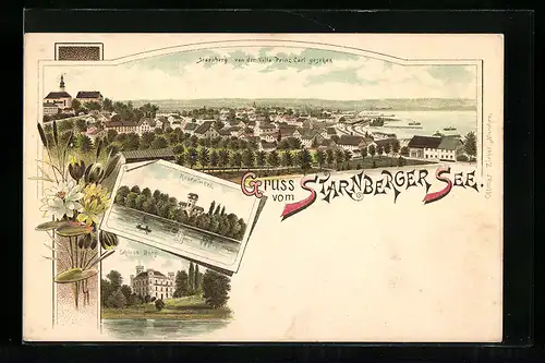 Lithographie Starnberg, Teilansicht von der Villa Prinz Carl gesehen u. Starnberger See, Roseninsel, Schloss Berg
