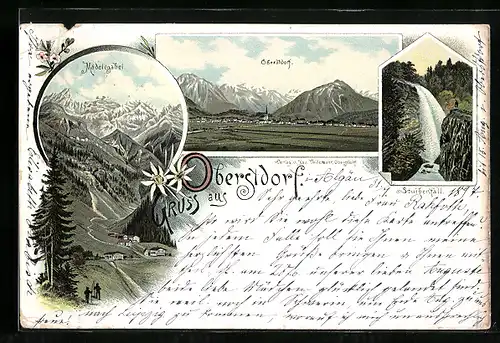 Lithographie Oberstdorf, Gesamtansicht mit Stuibenfall