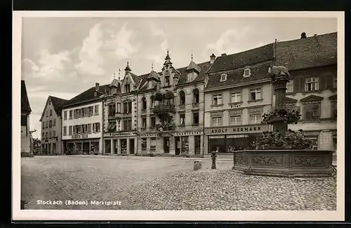 AK Stockach, Marktplatz, Brunnen, Restaurant Conditorei