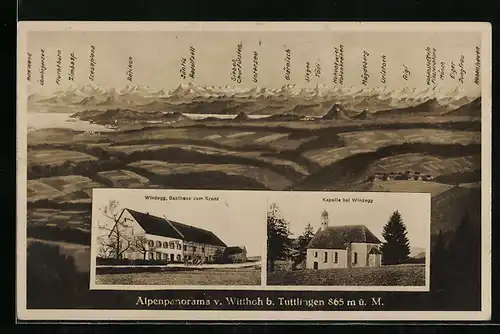 AK Windegg, Gasthaus Zum Kranz und Kapelle bei Windegg, mit Alpenpanorama