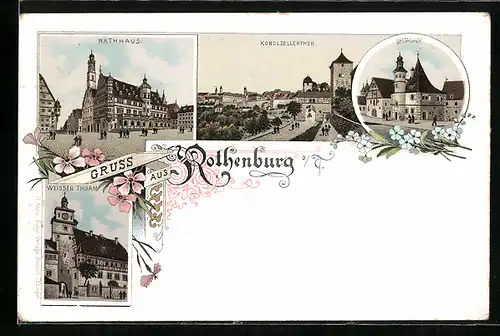 Vorläufer-Lithographie Rothenburg o.T., 1895, Rathaus, Kobolzellersthor, Spitalhof, Weisser Thurm