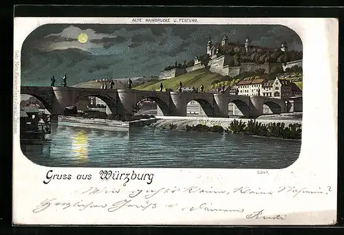 Lithographie Würzburg, Blick auf alte Mainbrücke und Festung