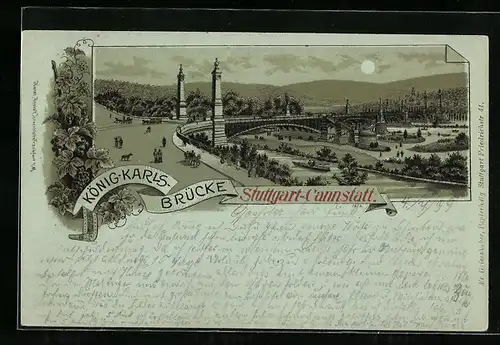 Mondschein-Lithographie Stuttgart-Cannstatt, König-Karls-Brücke