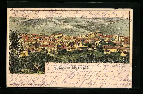 Lithographie Loerrach, Totalansicht mit Kirche