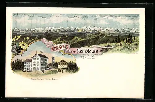 Lithographie Badenweiler, Hotel & Pension zum Hochblauen von X. Stehlin, Alpenpanorama