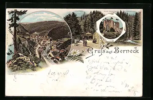 Lithographie Berneck, Ruine Wallenrot, Jägersteg, Colonade, Stadtpanorama