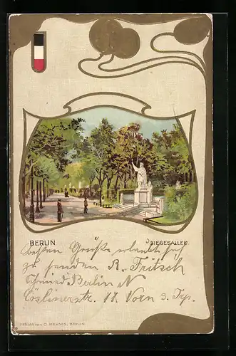 Passepartout-Lithographie Berlin-Tiergarten, Standbild in der Siegesallee, Wappen