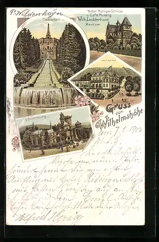 Lithographie Wilhelmshöhe, Cascaden, Löwenburg, Hotel Ridinger Schloss und Café Mulang