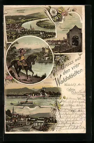 Lithographie Waldshut, Gesamtansicht, Trompeter von Säckingen, Blick auf Laufenburg & Rheinfelder Brücke