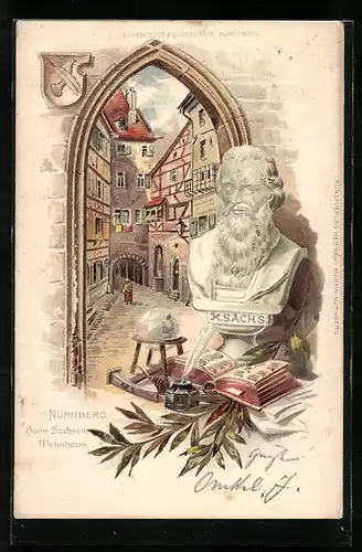 Passepartout-Lithographie Nürnberg, Hans Sachsens Wohnhaus, Büste