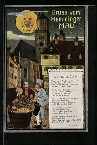 Künstler-AK Memmingen, Gedicht von Hugo Maser, Memminger Mau im Zuber