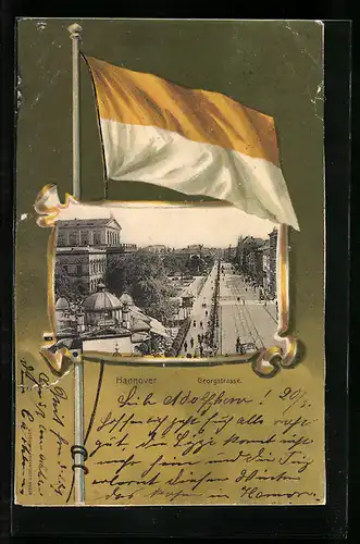 Passepartout-Lithographie Hannover, Georgstrasse aus der Vogelschau