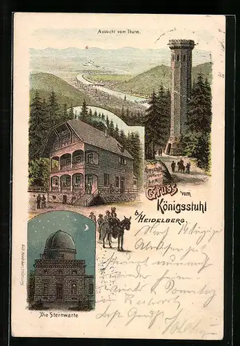 Lithographie Heidelberg, Sternwarte, Aussicht vom Turm am Königsstuhl