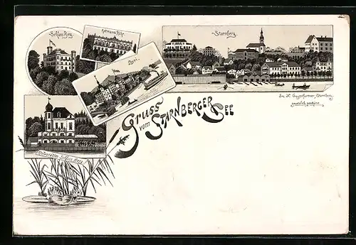 Lithographie Starnberg, Restauration Schloss Berg, Schloss Berg, Rottmanns Höhe, Ortsansicht