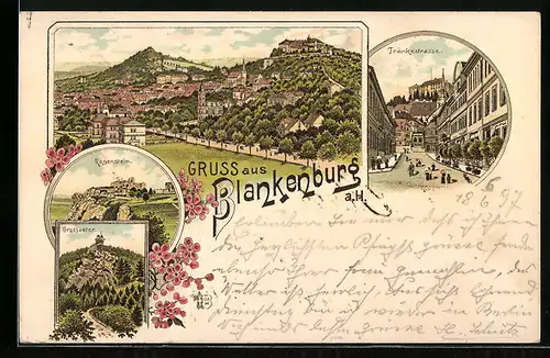 Lithographie Blankenburg a. H., Ortsansicht, Blick in die Tränkestrasse und auf Regenstein und Grossvater
