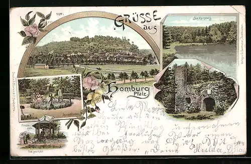 Lithographie Homburg /Pfalz, Springbrunnen, Friedaruhe, Karlsburg, See Karlsberg