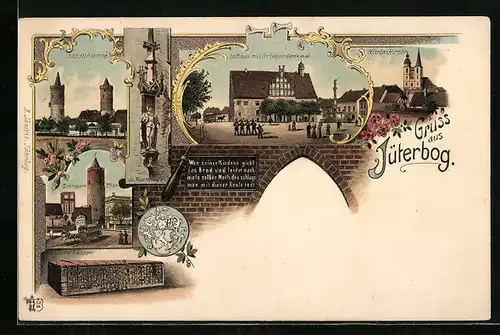 Lithographie Jüterbog, Rathaus mit Kriegerdenkmal und Nicolaikirche
