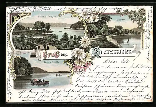 Lithographie Gremsmühlen, Diecksee, Partie an der Holm