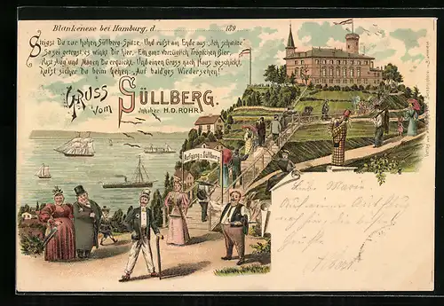 Lithographie Hamburg-Blankenese, Gasthaus Zum Süllberg von H. D. Rohr