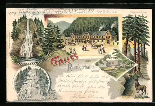 Lithographie Romkerhalle, Käste, Hotel Romkerhalle, Wasserfall