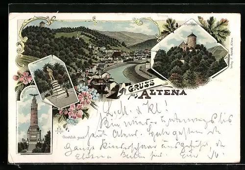 Lithographie Altena, Teilansicht, Schlossberg, Bismarck- und Kriegerdenkmal