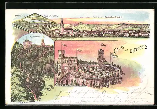 Lithographie Cossebaude, Gasthof Osterberg, Alpenstieg, Elbbrücke in Niederwartha