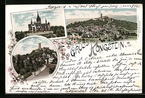 Lithographie Königstein i. T., Villa Andreae, Frankfurter Strasse, Ortsansicht aus der Vogelschau