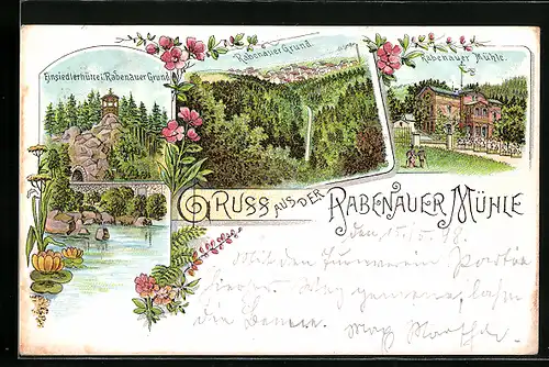 Lithographie Rabenau, Rabenauer Mühle, Einsiedlerhütte i. Rabenauer Grund