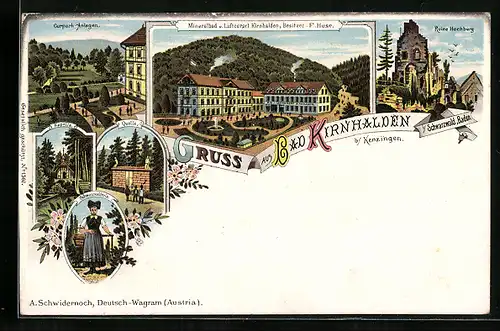 Lithographie Bad Kirnhalden b. Kenzingen, Mineralbad u. Luftkurort, Bes. F. Huse, Kurpark-Anlagen, Schwarzwälderin