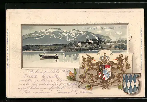 Passepartout-Lithographie Chiemsee, Herreninsel, goldenes Wappen