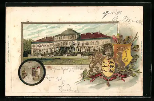 Passepartout-Lithographie Hohenheim, Schloss und Franziska-Zimmer, Wappen