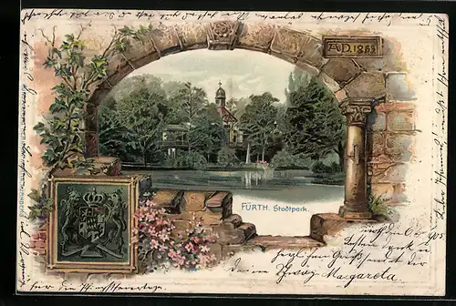 Passepartout-Lithographie Fürth, Blick in den Stadtpark, Wappen